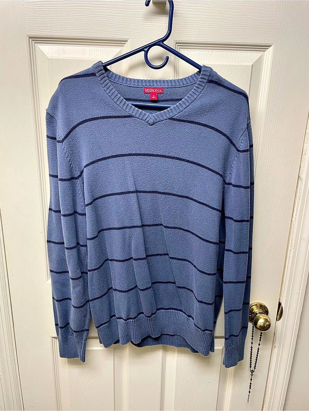 Blue Merona V-neck Sweater Featuring Thin Horizontal Dark Stripes Size Large